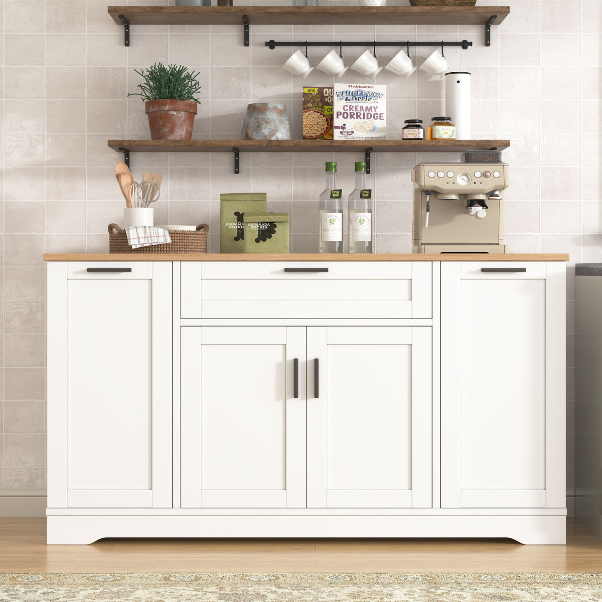 Sideboard With Extendable Table, Adjustable Shelves, 3 Tier Pull Out Rack - White