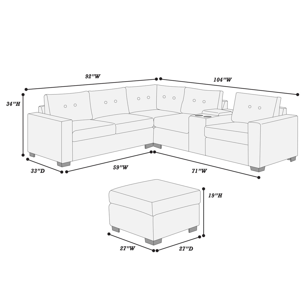 Sectional Set With Reversible Loveseat, USB Console, Corner Wedge & Ottoman