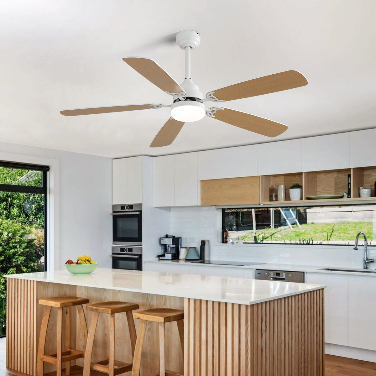 52" DC Motor Ceiling Fan With LED Light, 6 Speed Remote Control, Reversible Blades For Living Room - White
