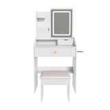 3 Color LED Vanity Mirror With Stool, 2 Drawers & 5 Storage Cabinets, Adjustable Lighting - White