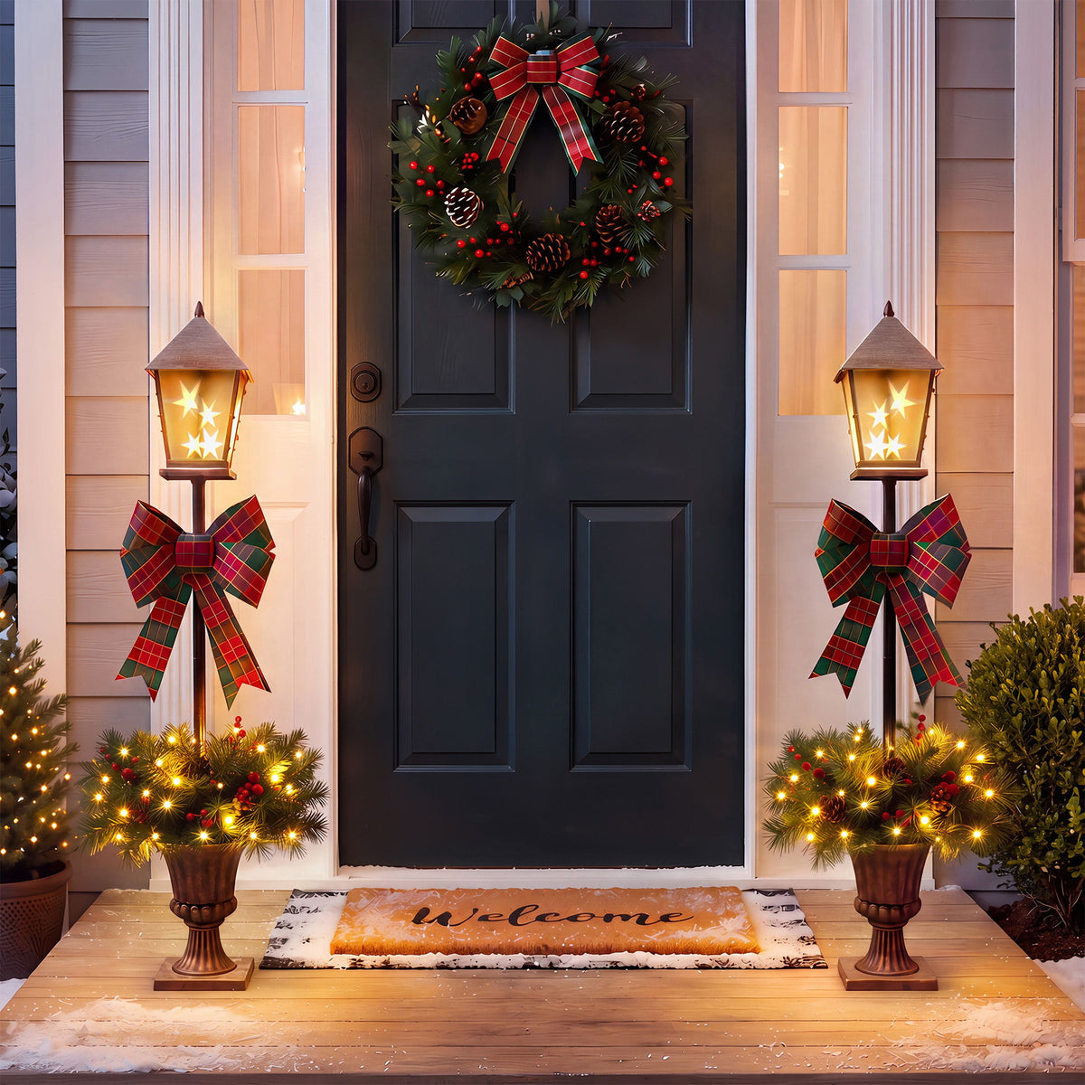 Christmas Lamp Post Decor With Plaid Bow, Artificial Outdoor Holiday Decor (Set of 2) - Brown / Bronze / Green