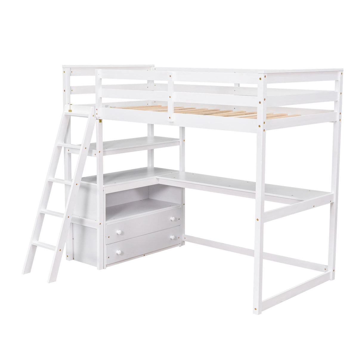Modern Loft Bed With Built In Desk, Shelves, And 2 Drawers
