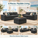 Oversized Modular Sectional Sofa Set With Loveseat & Ottoman, 6 Piece Living Room Furniture - Dark Gray
