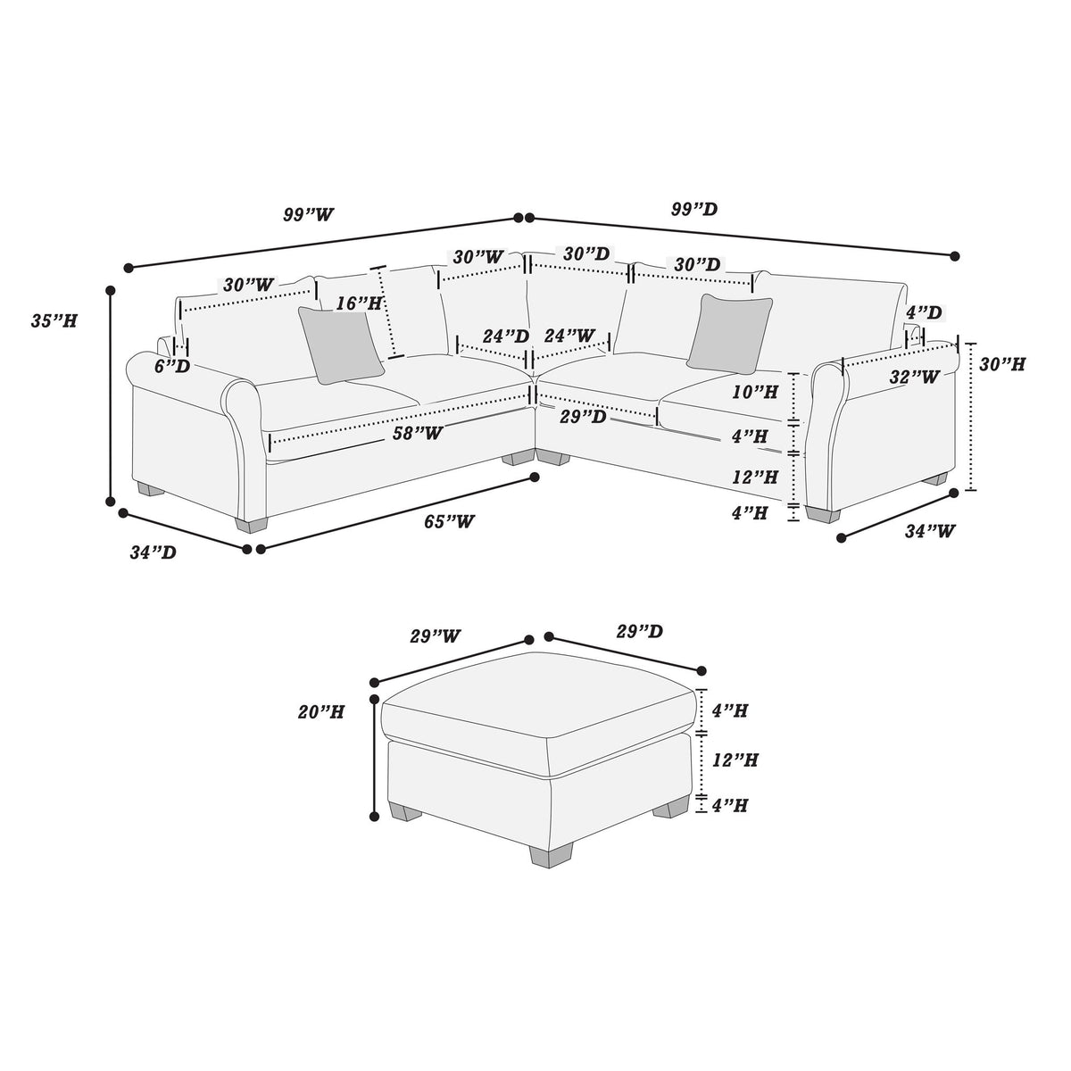 L - Sectional Sofa Set With Corner Wedge And Ottoman, 4 Piece Living Room Furniture - Sage