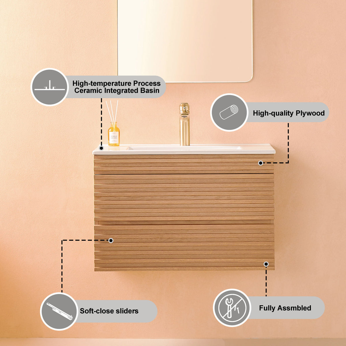 Wall Mounted & Floating Single Vanity With Ceramic Sink - Natural Walnut