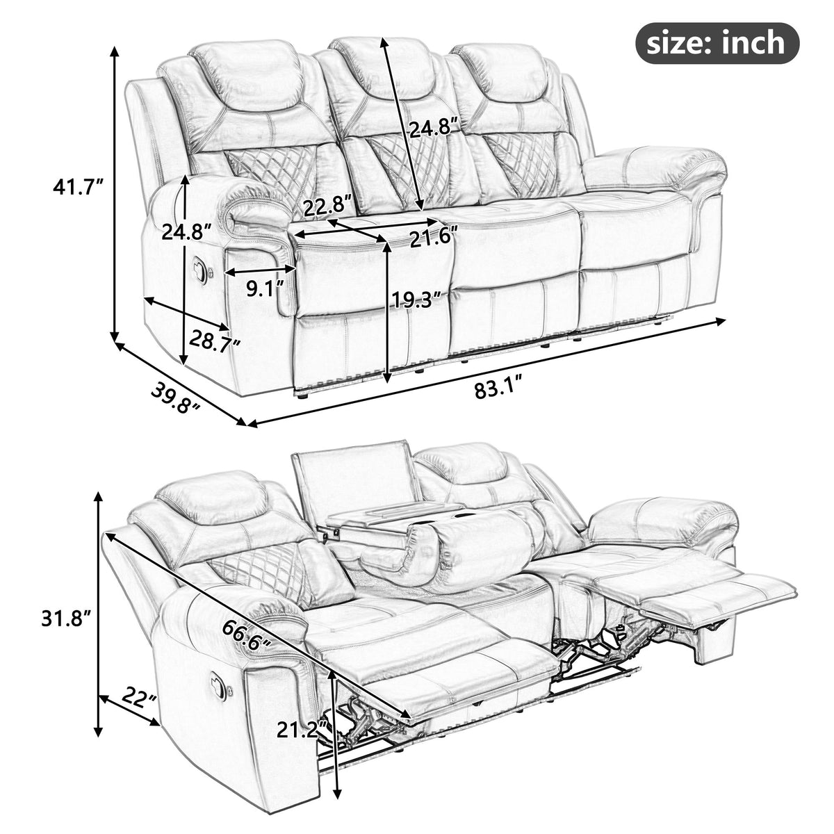 3 Pieces Recliner Sofa Sets Home Theater Seating Manual Recliner Chair & Center Console And LED Light Strip For Living Room - Brown