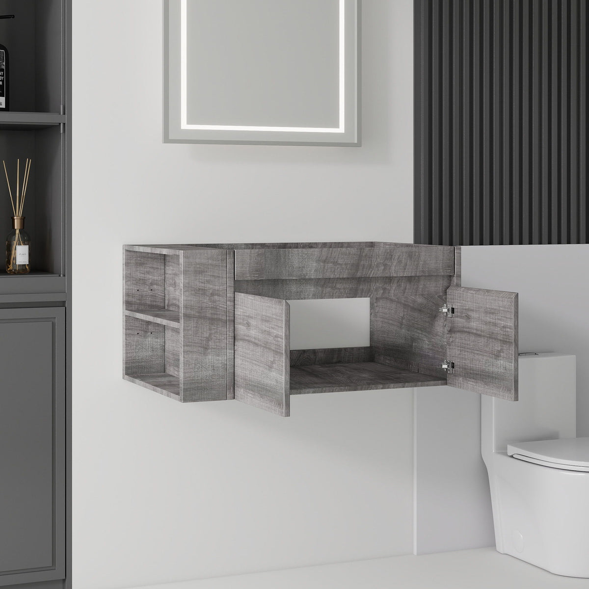 Floating Bathroom Vanity Cabinet, Soft Close Double Drawers, Open Side Storage, Wall Mounted, Cabinet Only