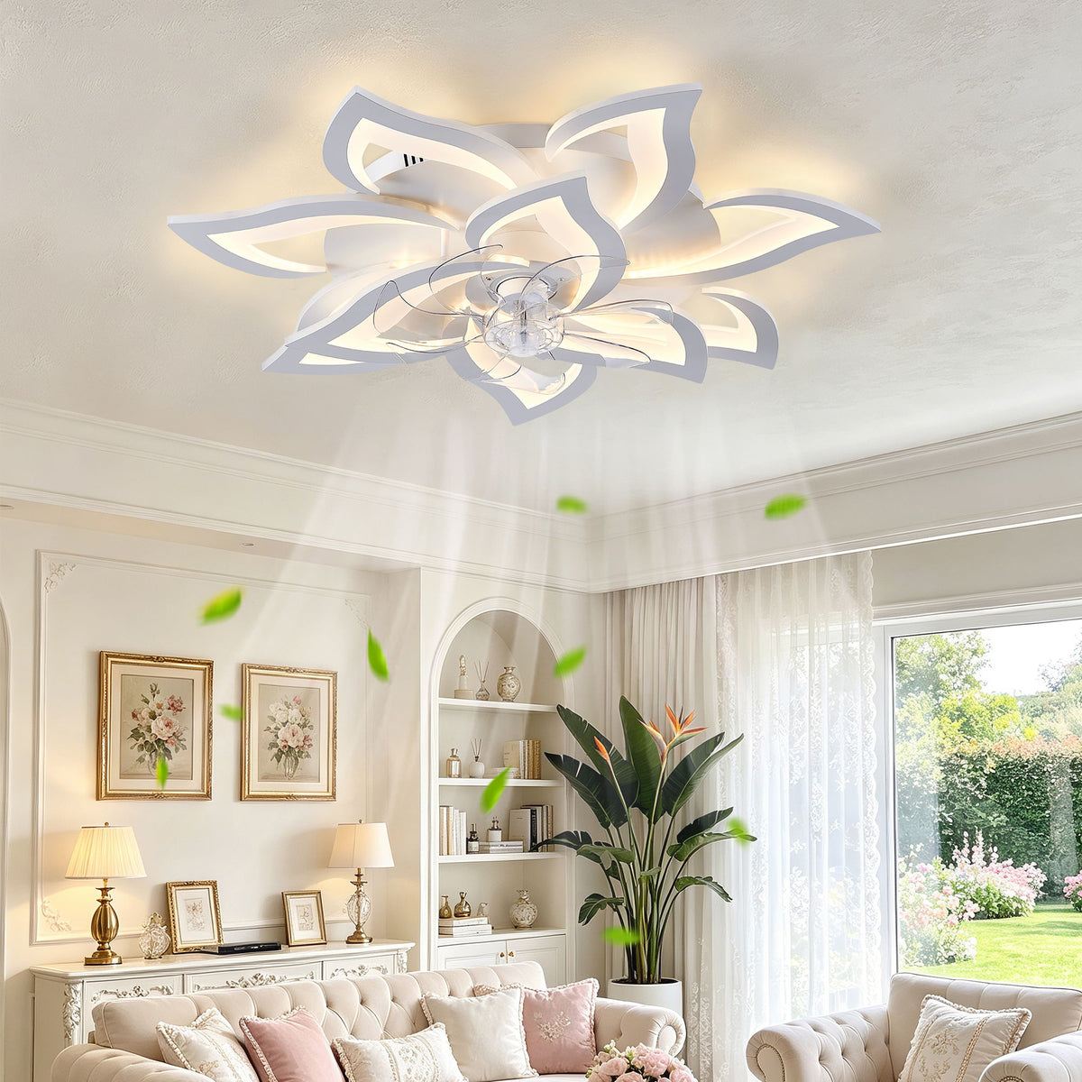 32" Flower Ceiling Fan With LED Dimmable Light, Low Profile Flush Mount Fan With Remote Control, 6 Speeds
