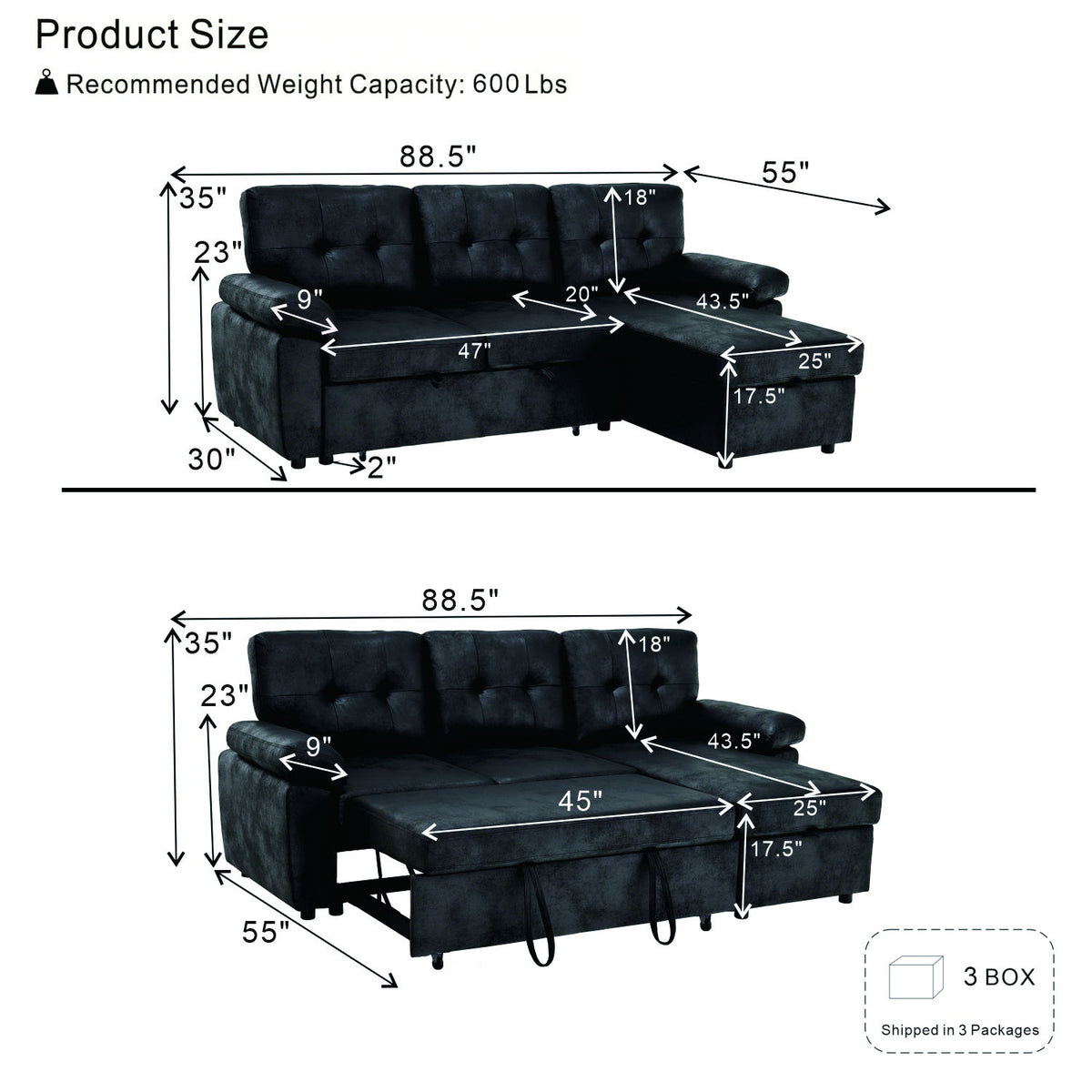 Convertible L - Sectional Sofa Bed With Storage Chaise And Padded Armrests