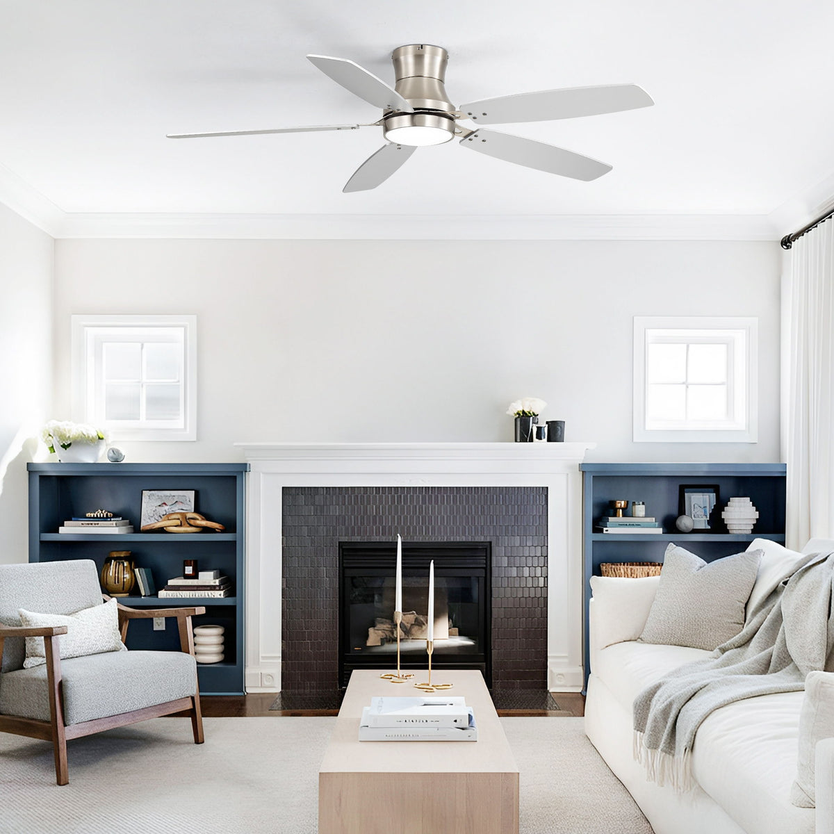 52" Flush Mount Ceiling Fan With Light, DC Motor, Remote Control, Dual Color