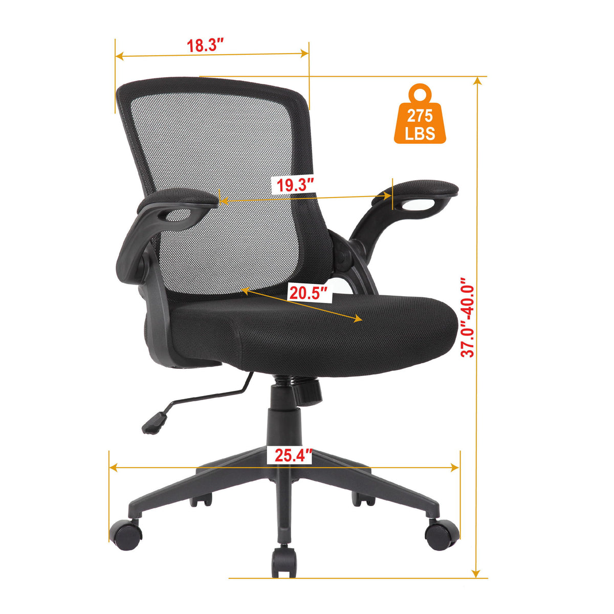 Office Chair & Mid Back Design, Adjustable Height And Foldable Armrests - Black