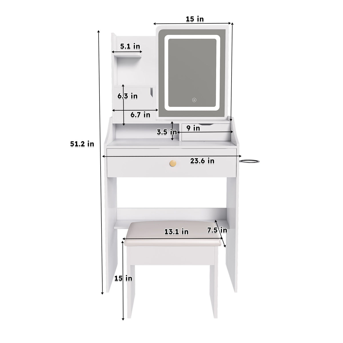3 Color LED Vanity Mirror With Stool, 2 Drawers & 5 Storage Cabinets, Adjustable Lighting - White