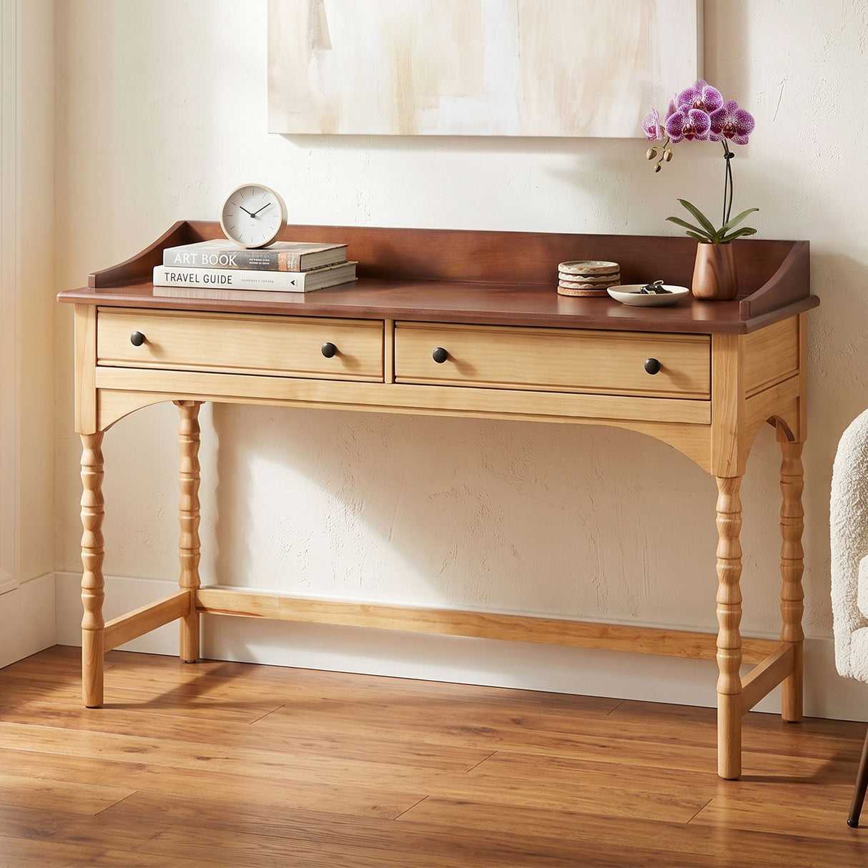 Writing Desk With 2 Storage Drawers, Workstation For Living Room - Brown / Natural