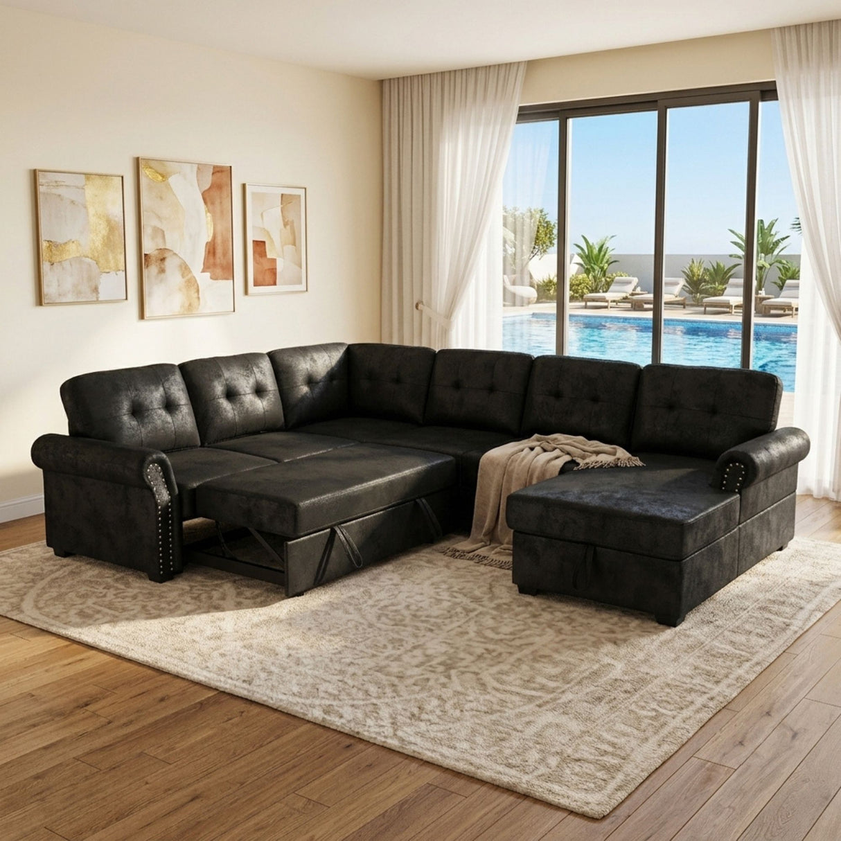 U Shape Sectional Sleeper Sofa With Pull Out Bed And Storage Chaise - Black