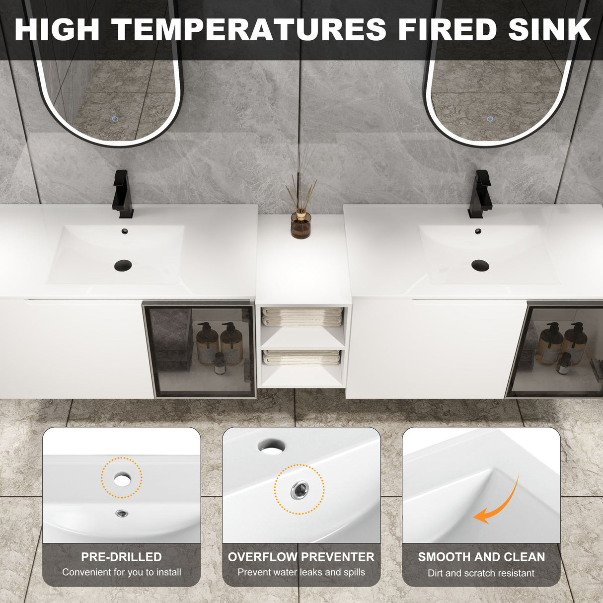 Wall Mounted Bathroom Vanity With Sink, Soft Close Doors, Cabinet & Half Door