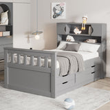 Captain Platform Bed Frame With Storage Bookcases, Shelves, And 4 Drawers
