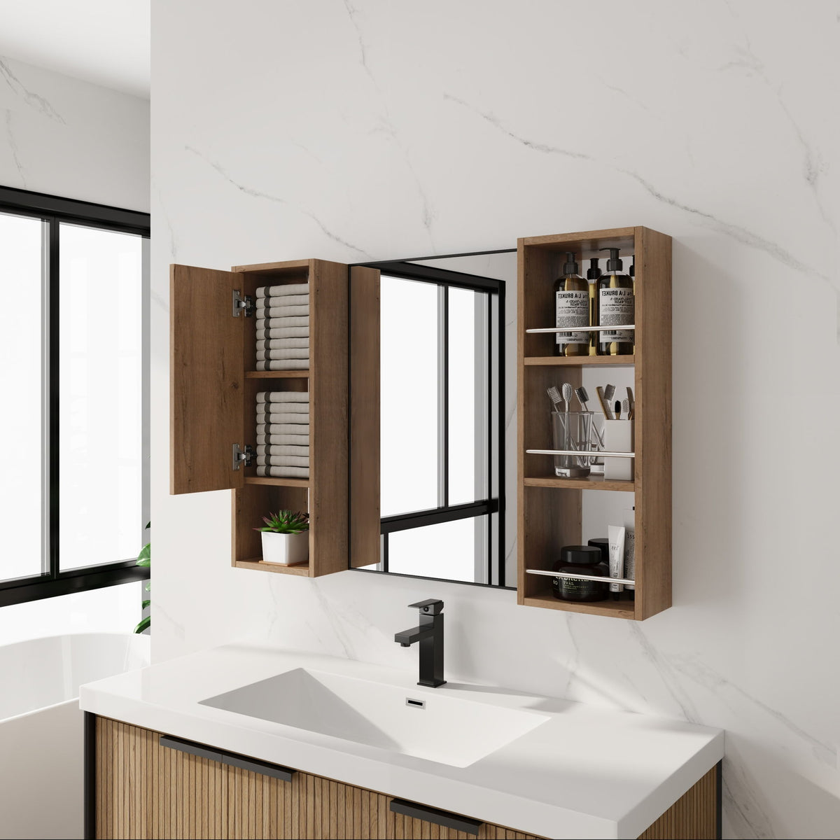 39.4" Wall Mounted Bathroom Cabinet With Storage And - Imitative Oak