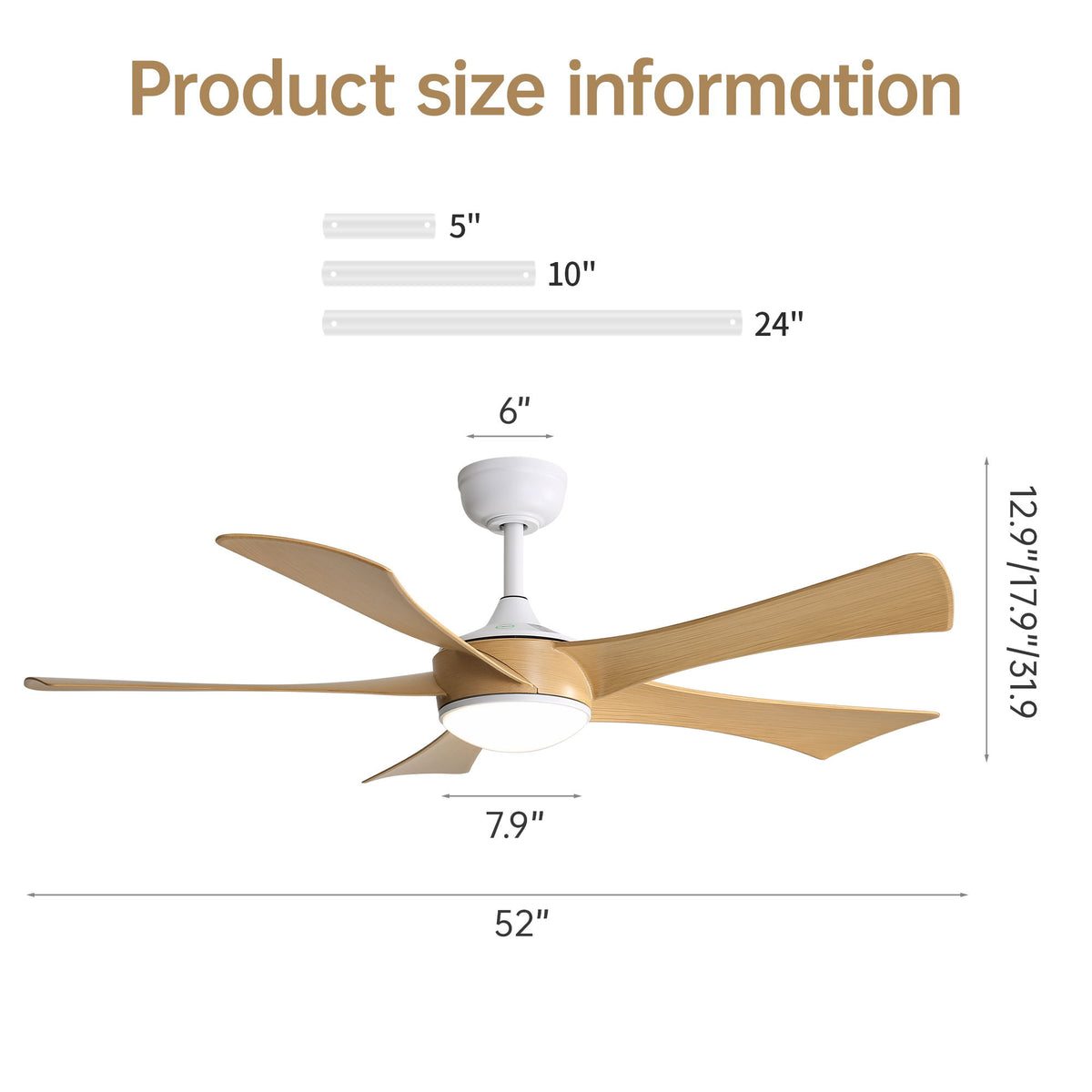 52" Ceiling Fan With 22W LED Light And Remote Control, 50 / 10 / 24 Downrod - White