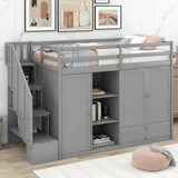 Loft Bed With 3 Shelves, 2 Wardrobes, 2 Drawers, Ladder Storage