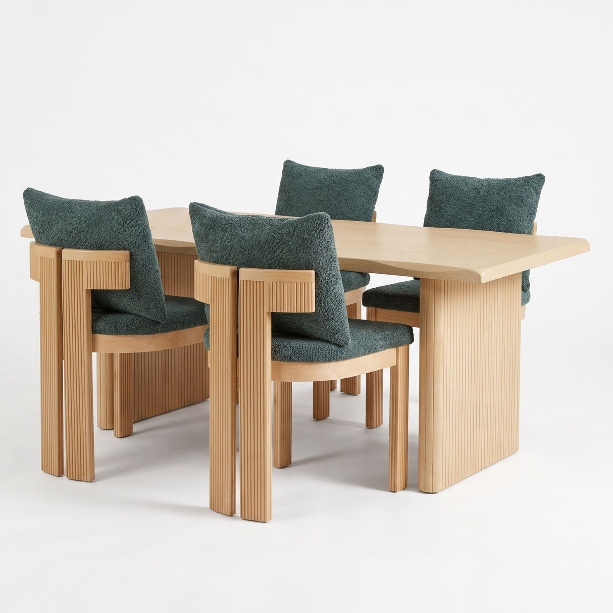 5 Piece Indoor Dining Set With Fluted Table Upholstered Chairs - Green / Natural