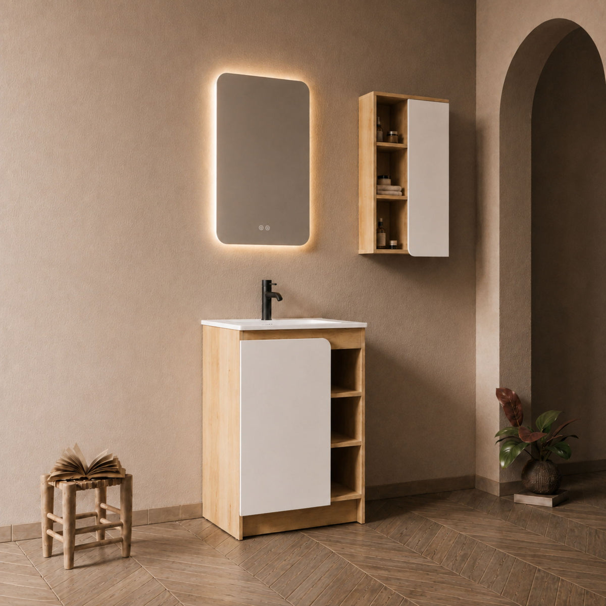 24" Bathroom Vanity With Sink & Wall Mounted Side Cabinet, Vanity Set With Thin Edge Sink, Interchangeable & Door Panels, Open & Hidden Storage - Black / Light Oak / White