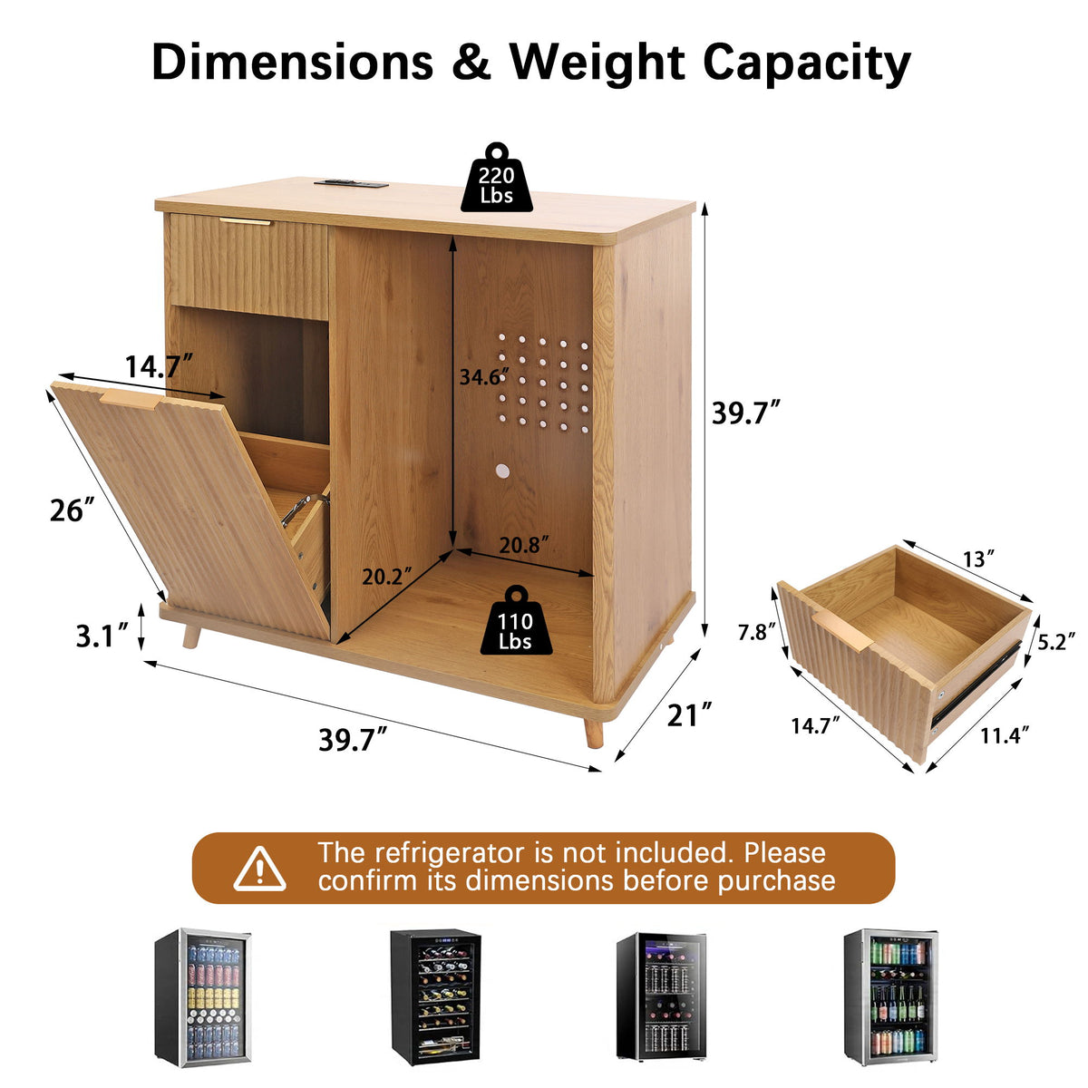 Fluted Coffee Bar Cabinet With Mini Fridge Space & Charging Station - Natural