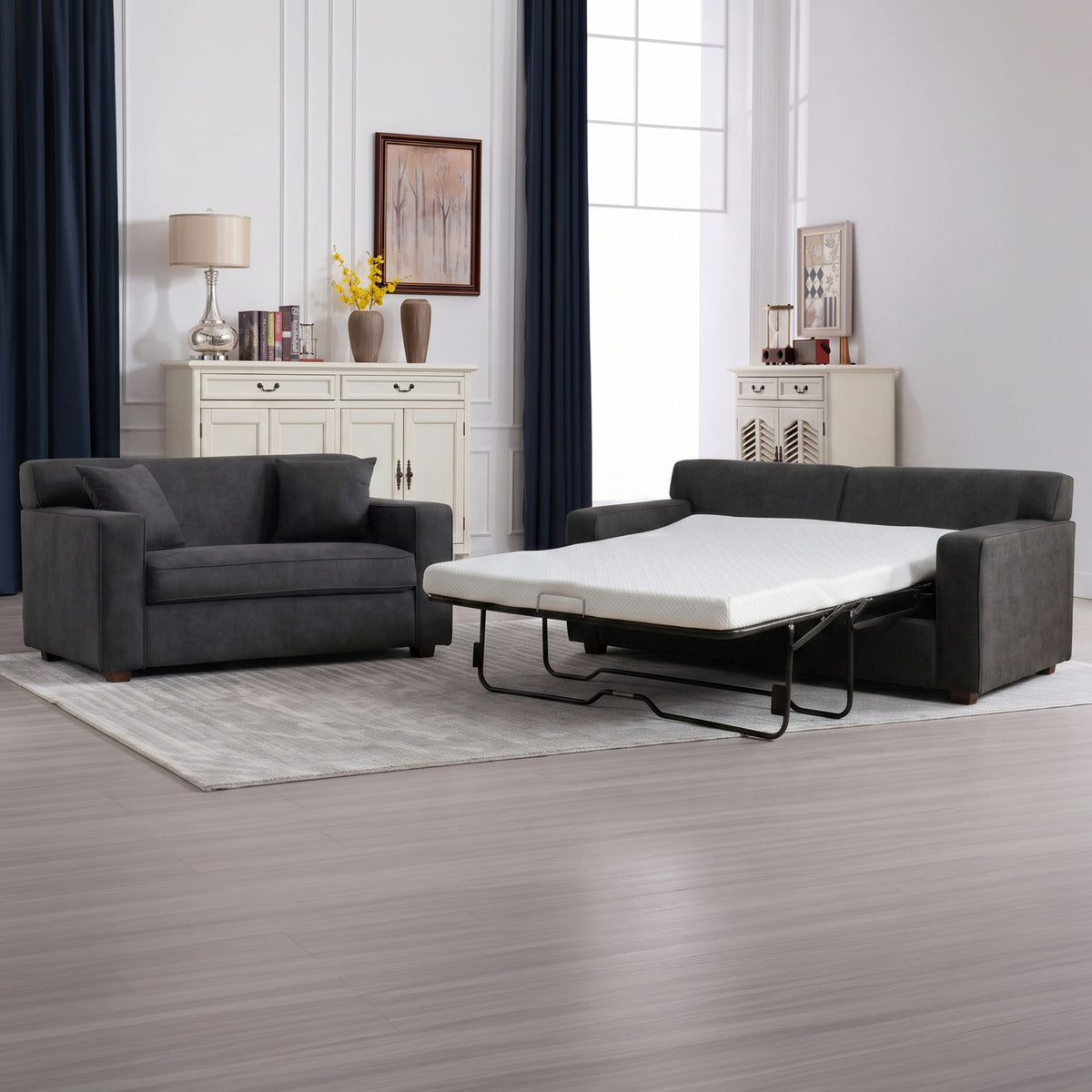 Convertible Sleeper Loveseat & Chair Set With Fold Out Mattress, Loveseat & Chair - Gray