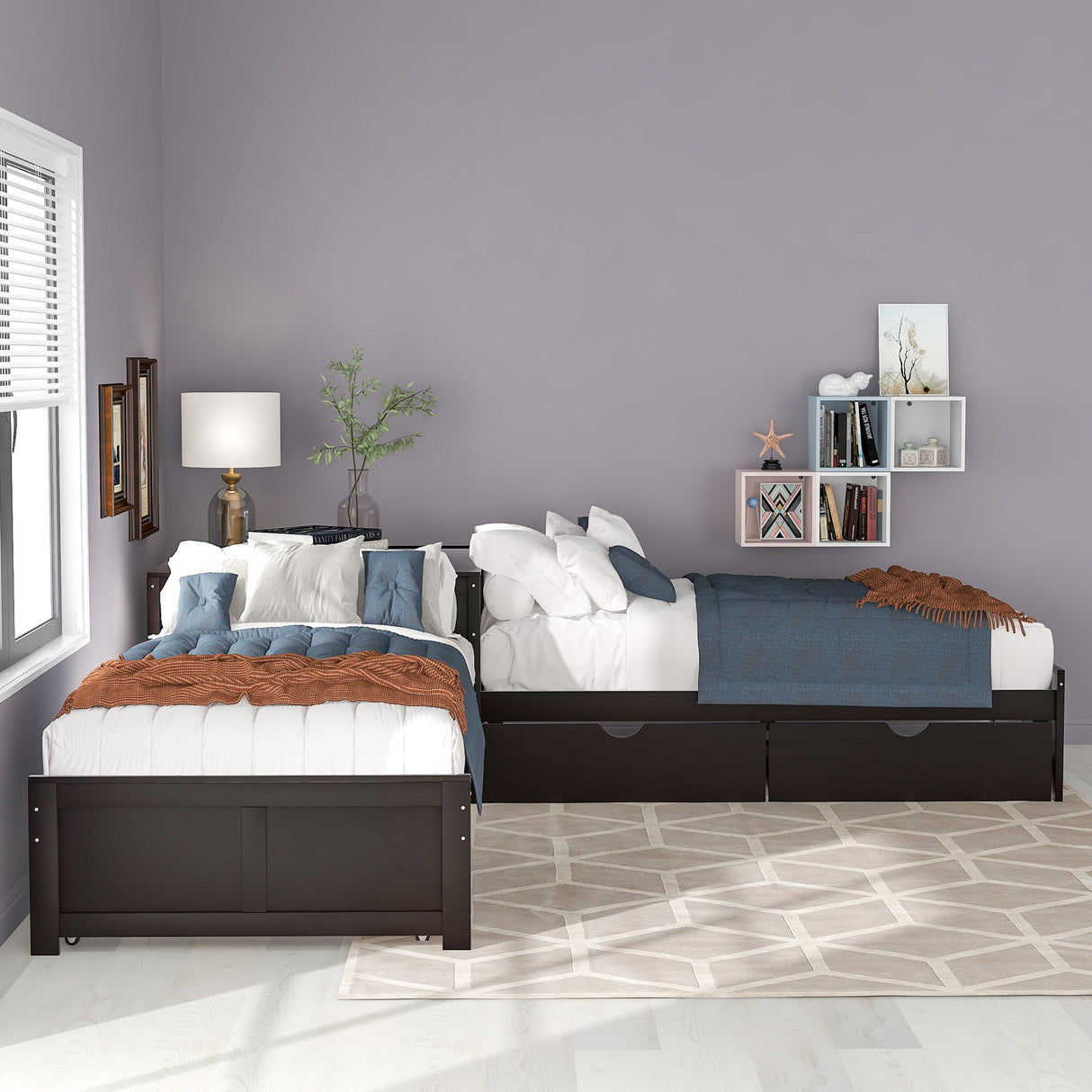 L Shaped Platform Bed With Trundle And Drawers Linked With Built In Desk