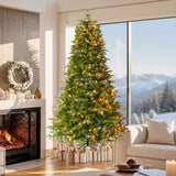 7.5Ft Premium Life Like Full Flocked Christmas Tree With Stand, Fire Resistant Tips, Warm & Colorful LED Lights - Green