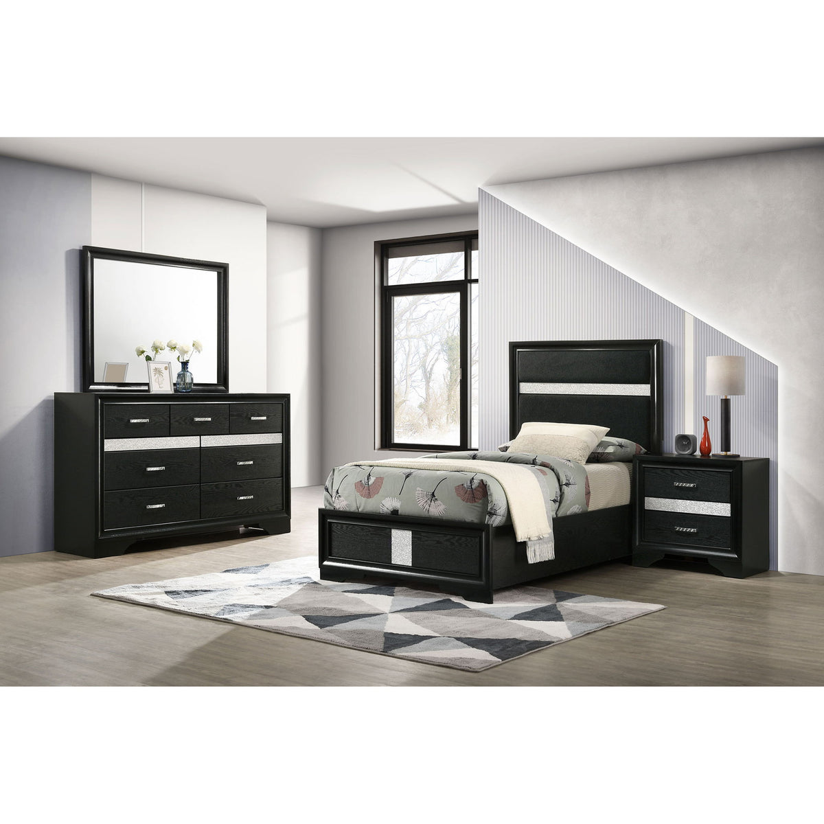 Modern Bedroom Set With Upholstered Headboard And Textured Storage
