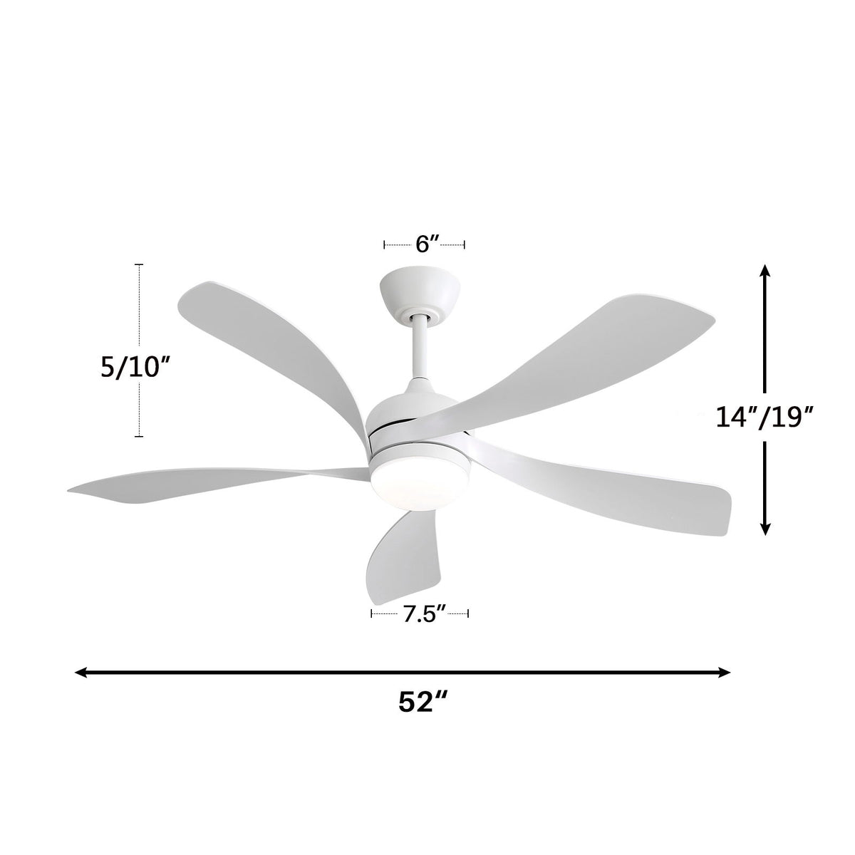 52" Ceiling Fan With 3 Color Dimmable LED Light, 5 Blades, Remote Control, Reversible DC Motor