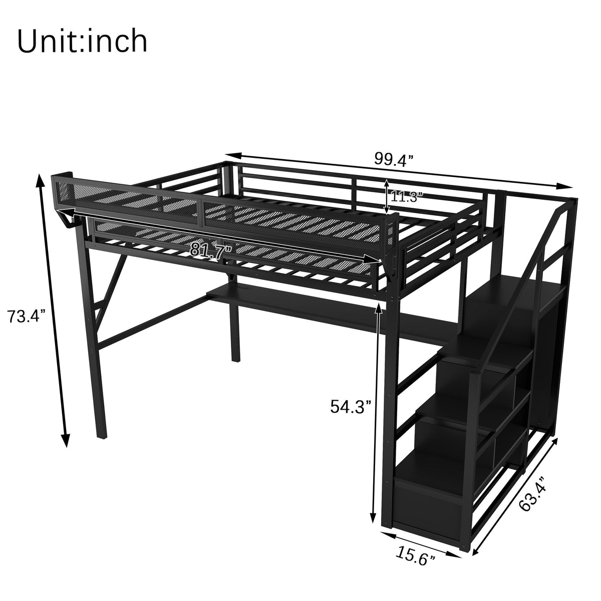 Queen Loft Bed With Desk And Charging Station Stairs And Light - Black