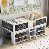 Low Loft Bed With Movable Shelves And Ladder, Decorative Chalkboard Guardrail