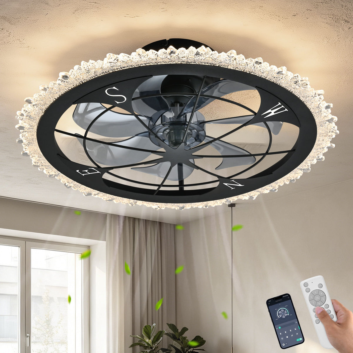 21" Caged Ceiling Fan With Dimmable LED Light And Remote Control, Low Profile Flush Mount Fan - Matte Black