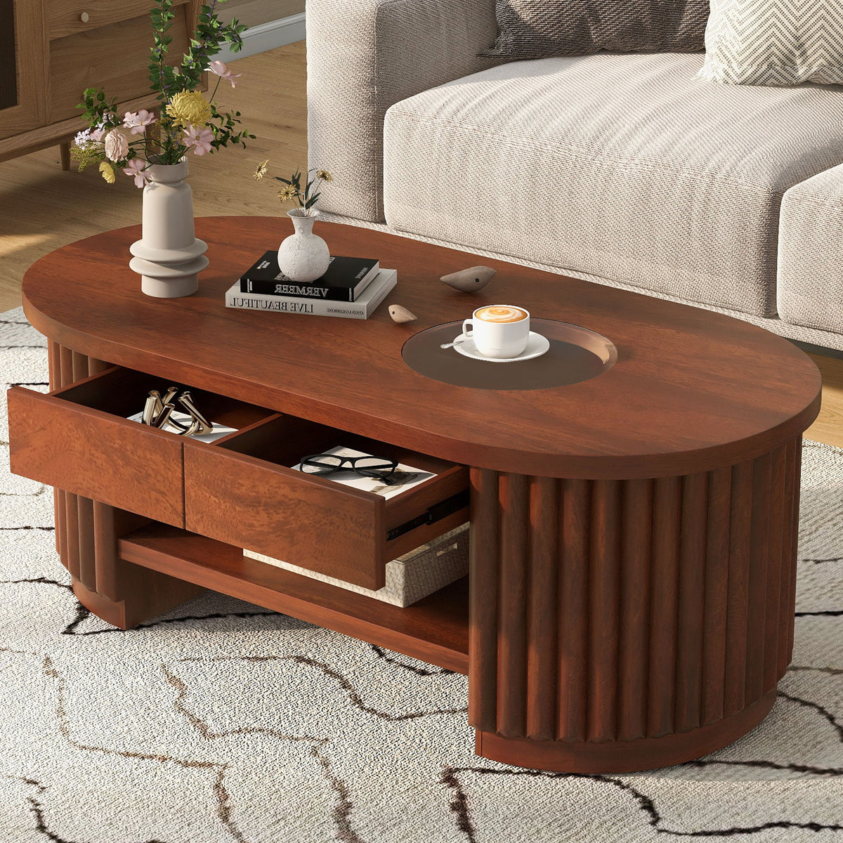 Fluted Oval Coffee Table With Drawers, 2 Tier Cocktail Table