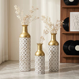 Handcrafted Cutout Hollow Tall Standing Floor Vase, Home Decor (Set of 3) - White / Gold