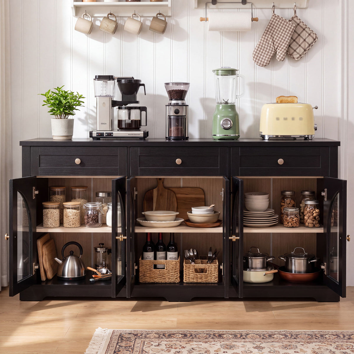 Sideboard Cabinet With 3 Drawers And 6 Arched Doors, Accent Storage Cabinet With Adjustable Shelves For Dining Room - Black