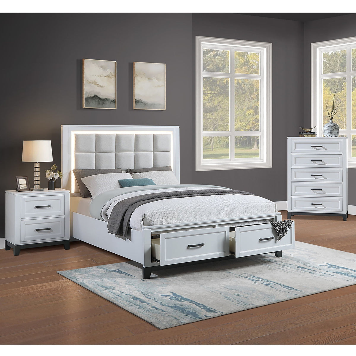Bedroom Set, Bed With Drawers And Upholstered Headboard LED Lighting