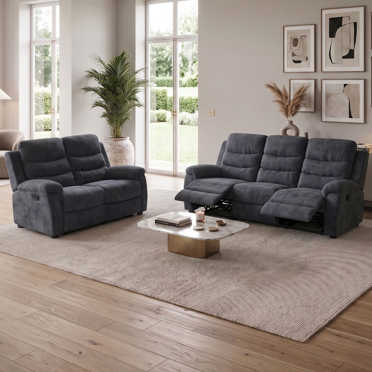 2 Piece Reclining Sofa Set, 3 Seat Sofa & 2 Seat Loveseat, 150° Recline - Dark Gray