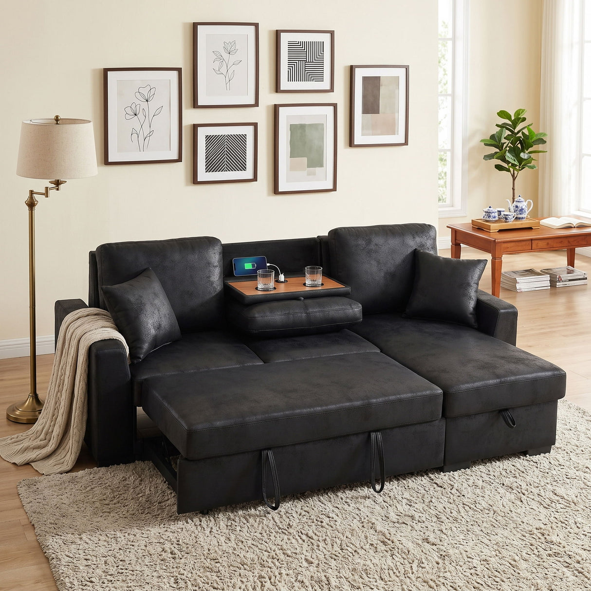 Upholstered Sectional With Pull-Out Bed And Chaise Storage