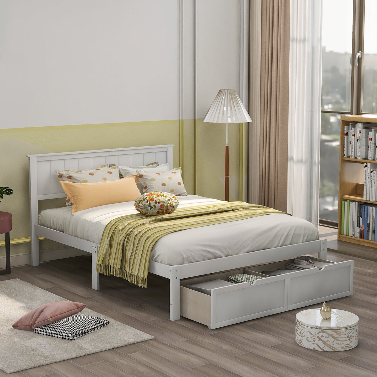 Full Size Platform Bed With Under Bed Drawers - White