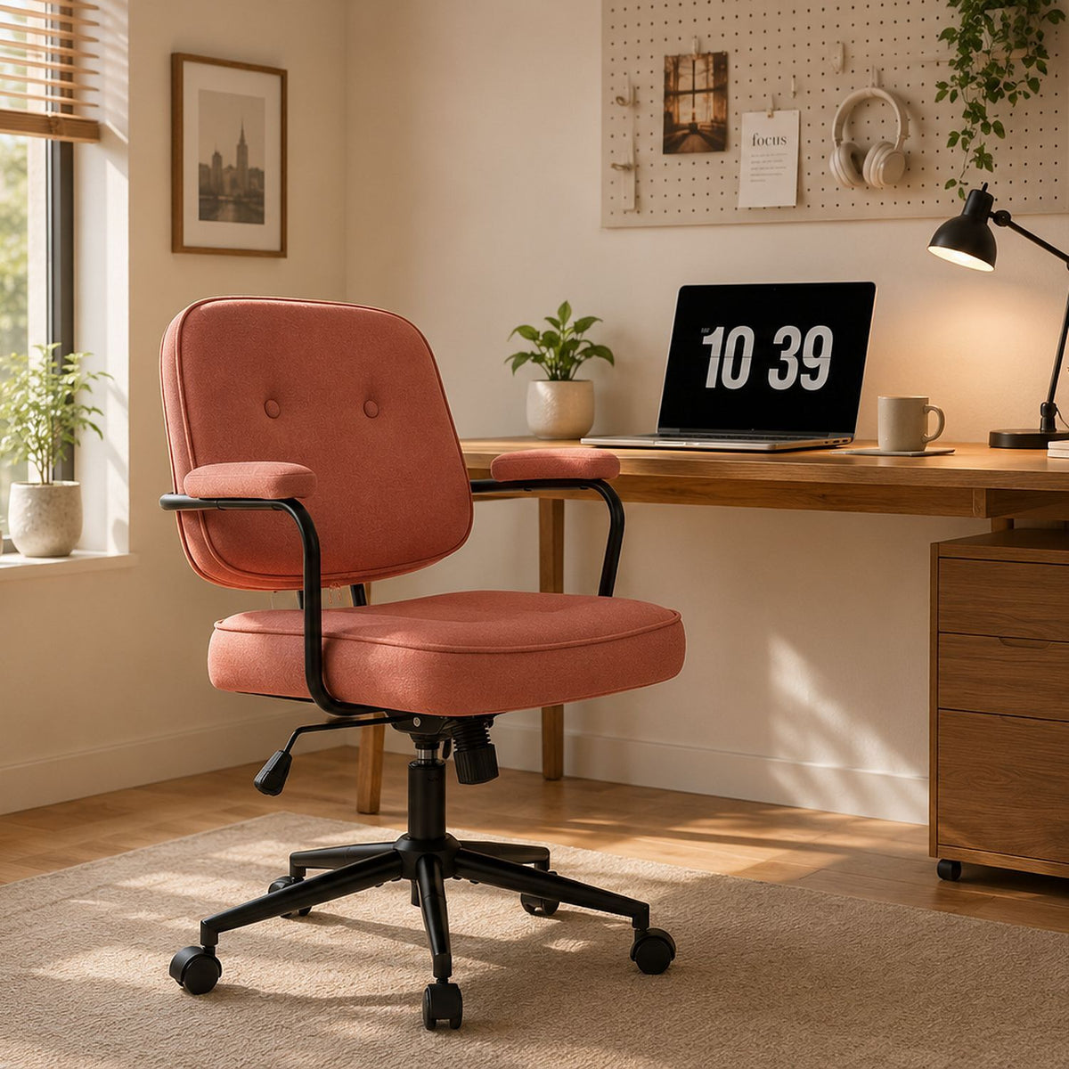 Office Swivel Desk Chair With Curved Armrest, Soft Upholstered Task Chair - Pink