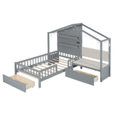 House Bed With Upholstered Sofa, Wireless Charging Station, Shelves And 2 Drawers