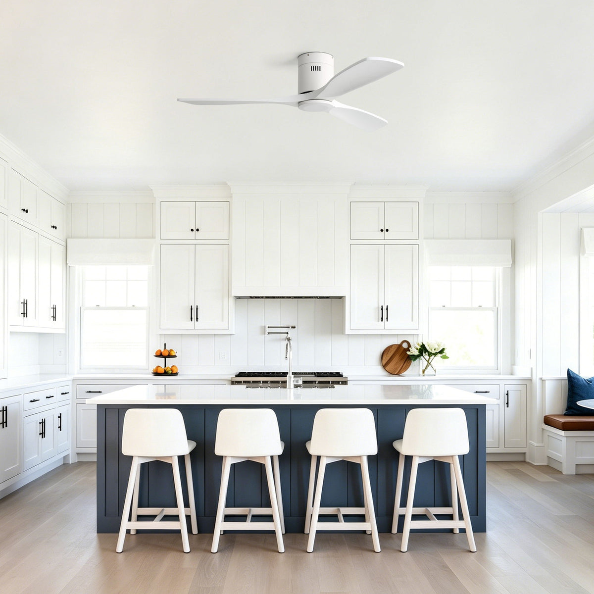 52" Flush Mount Ceiling Fan With Remote, No Light, 3 Blades, 6 Speed DC Motor For Indoor Patio - White