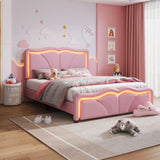 Upholstered Platform Bed & Curve Shaped And Height Adjustable Headboard, LED Light Strips