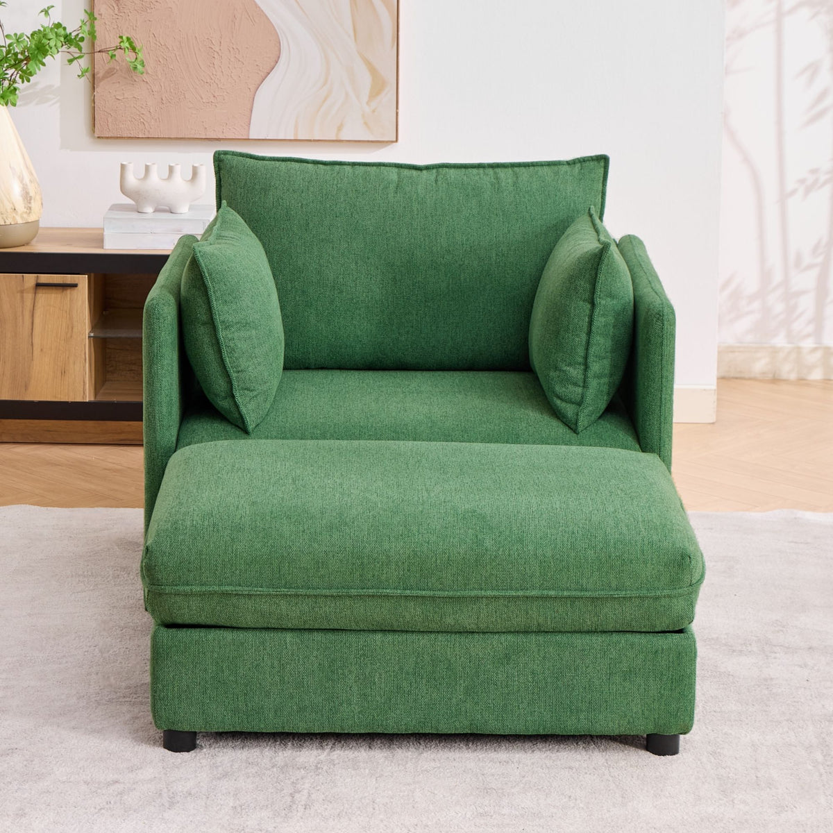 Oversized Deep Seat Accent Chair With Matching Storage Ottoman & Throw Pillows