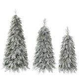 Snowy Cascading Christmas Trees 3 Piece Set With Warm LED Lighting, Flocked Weeping Branches, Multi Level Indoor Decor - Green