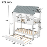Twin Size House Bunk Bed With Trundle, Roof And Windows - White / Gray