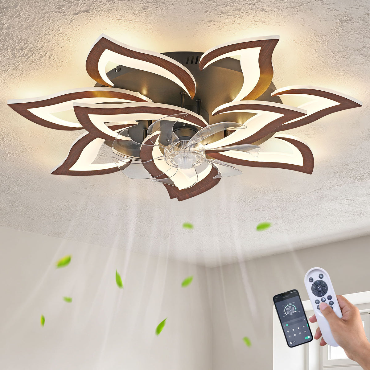 32" Flower Ceiling Fan With LED Dimmable Light, Low Profile Flush Mount Fan With Remote Control, 6 Speeds