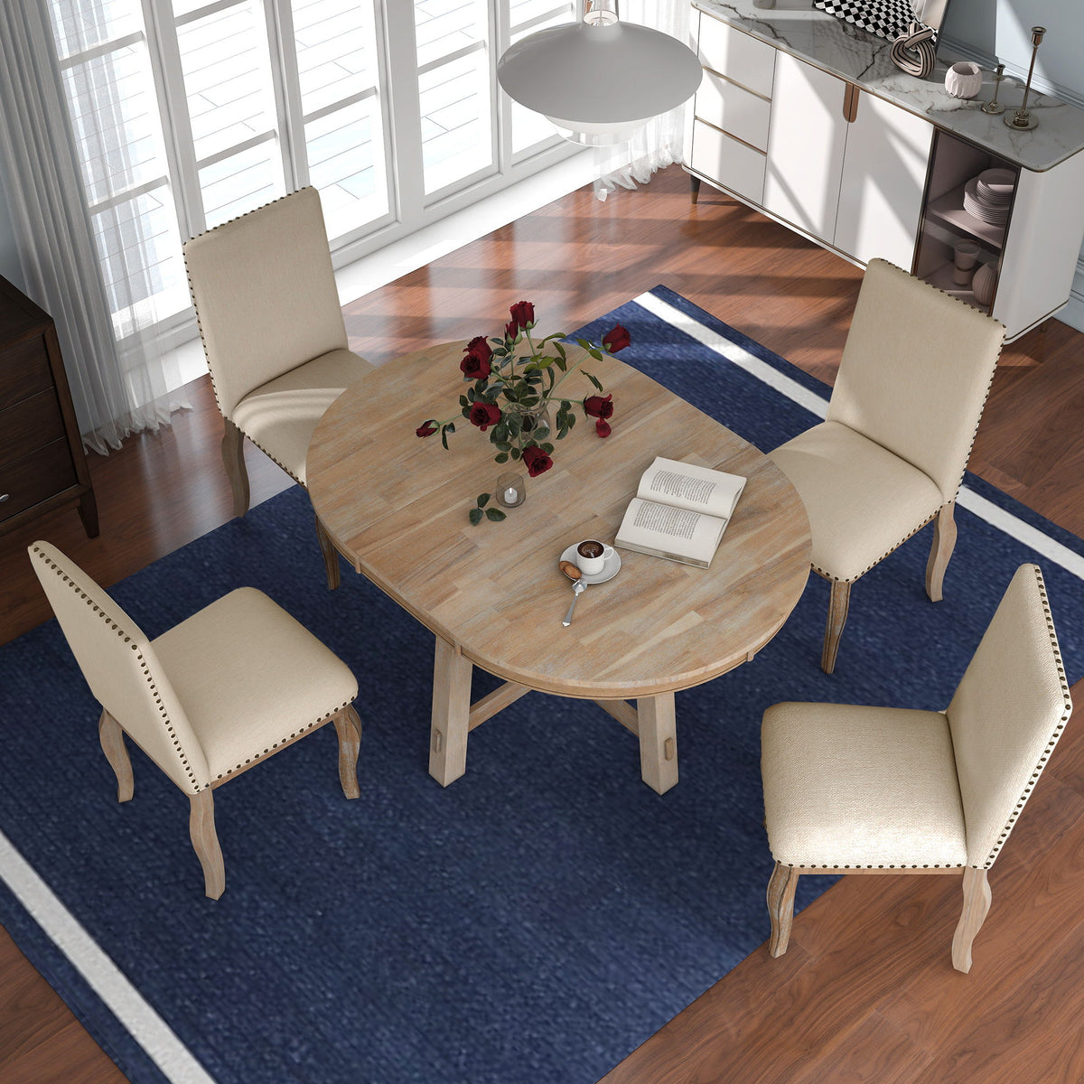 Round Extendable Dining Table Set With 4 Upholstered Chairs